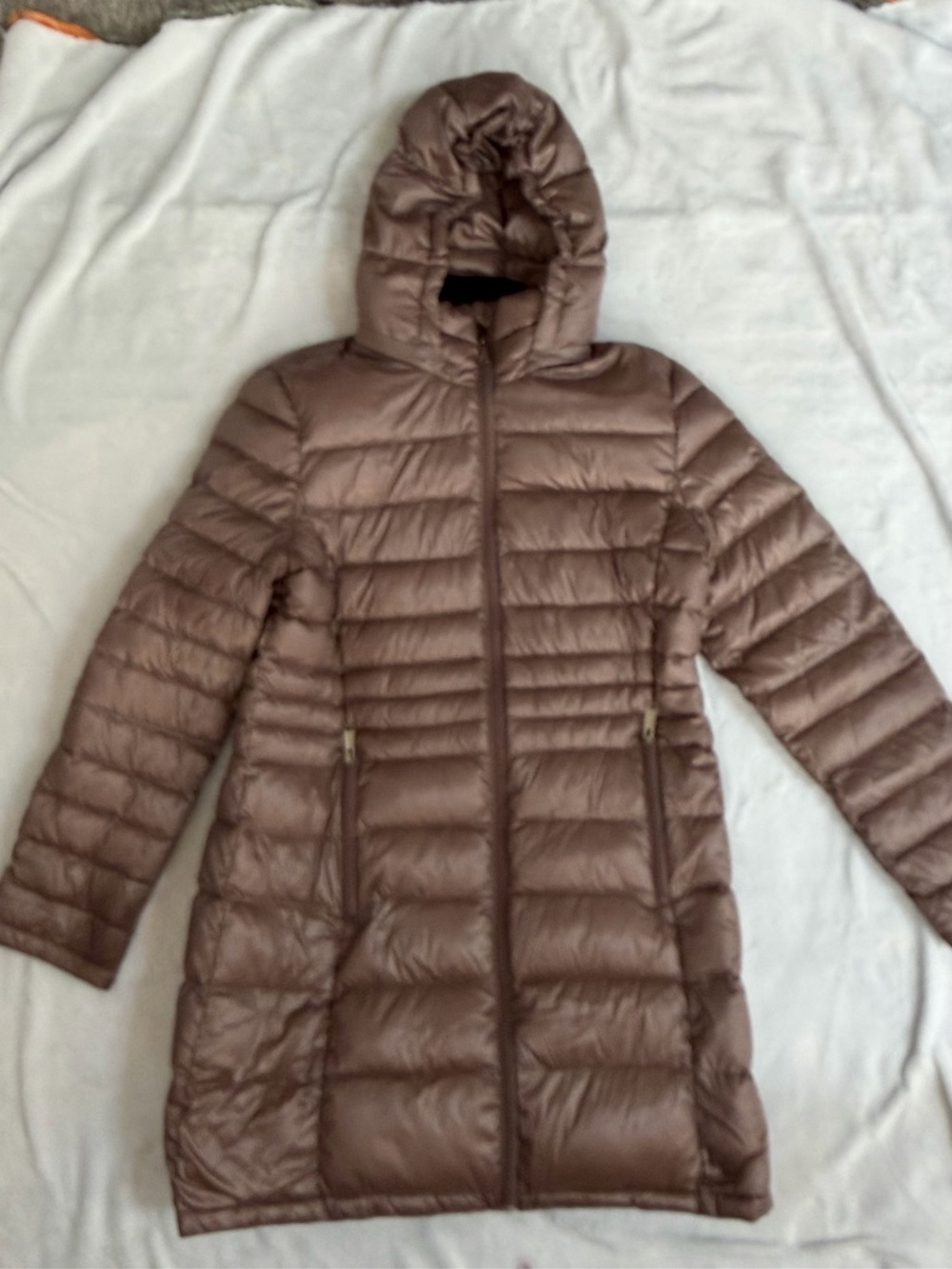 Andrew Marc Women’s Large Long Packable Down Puffer Coat Hooded Taupe